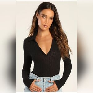 Lulus You Belong Here Black 🖤 Collared Long Sleeve Stretch Bodysuit XL